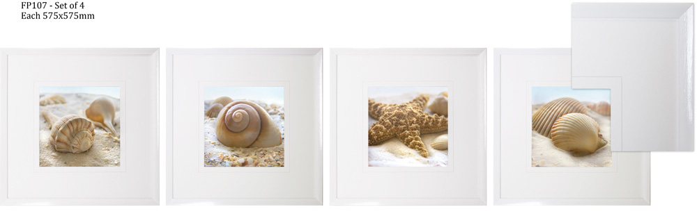 FP107 Wall décor art framed print set of 4 sea shells white frame
